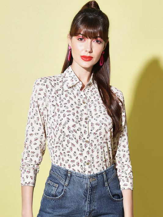 Women White Floral Printed Casual Shirt