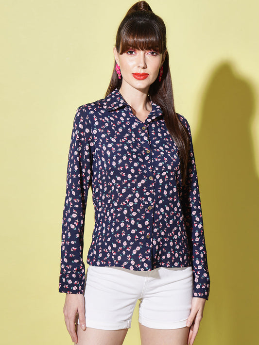 Women Navy Blue Floral Printed Casual Shirt