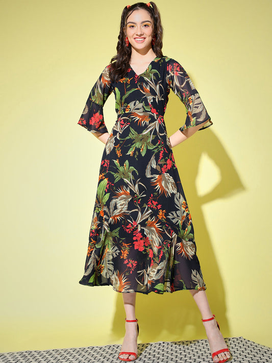 Multicoloured Floral Georgette Midi Dress