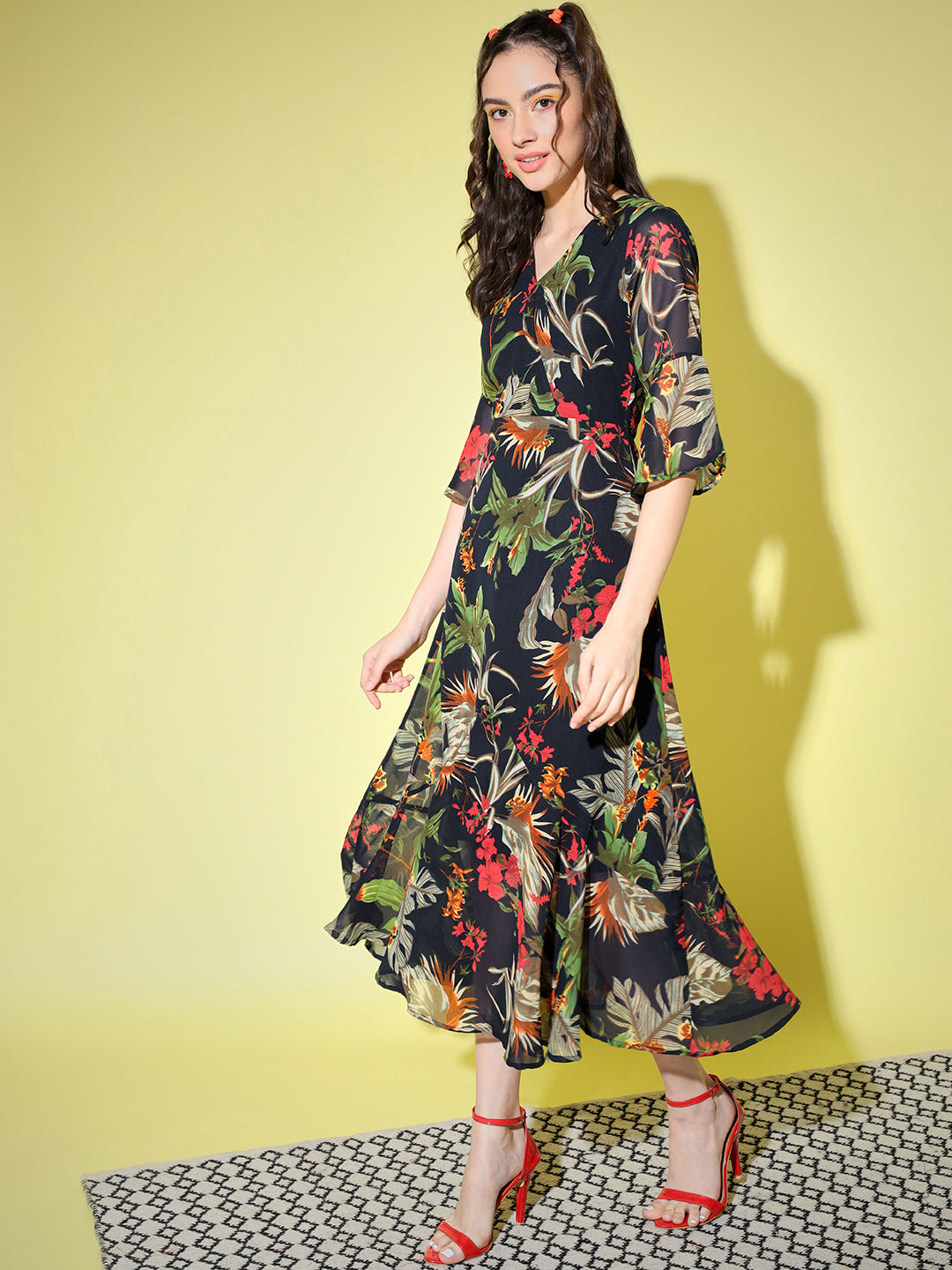 Multicoloured Floral Georgette Midi Dress
