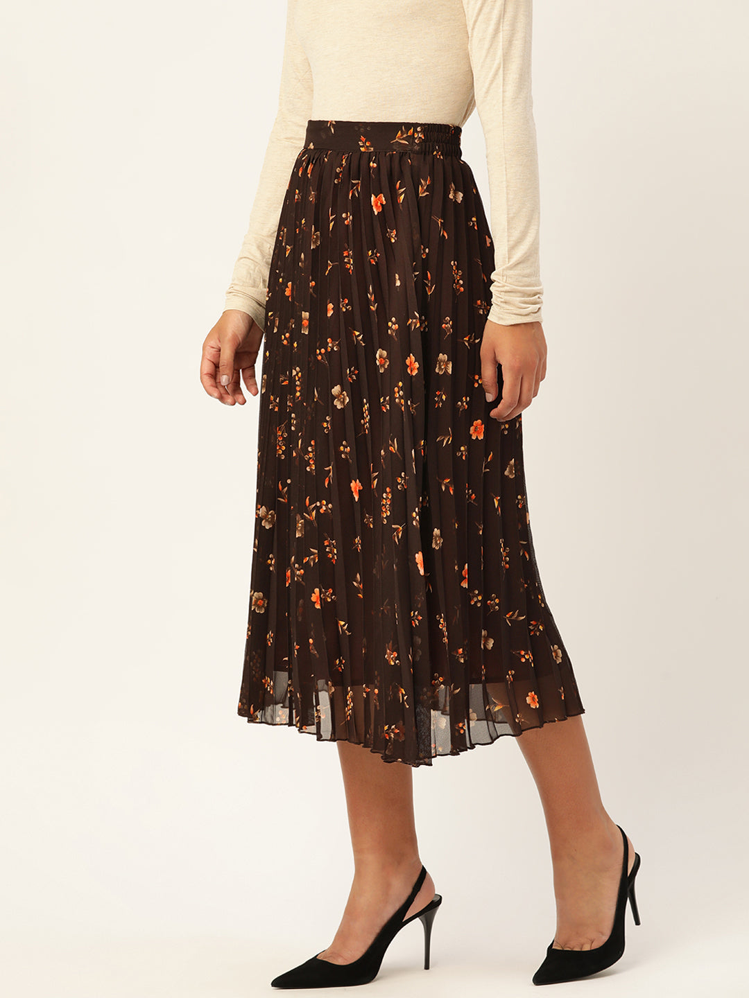 Brown Floral Printed Accordion Pleated Midi Skirt
