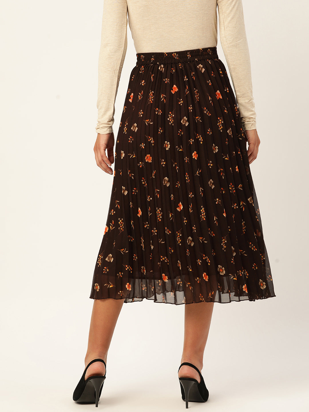 Brown Floral Printed Accordion Pleated Midi Skirt