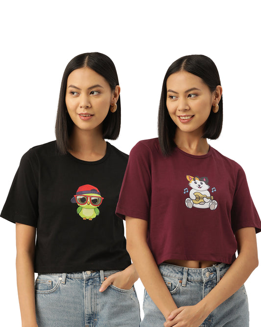 Women Black  & Maroon Graphic Printed Pure Cotton Crop T-shirt (Pack Of 2)