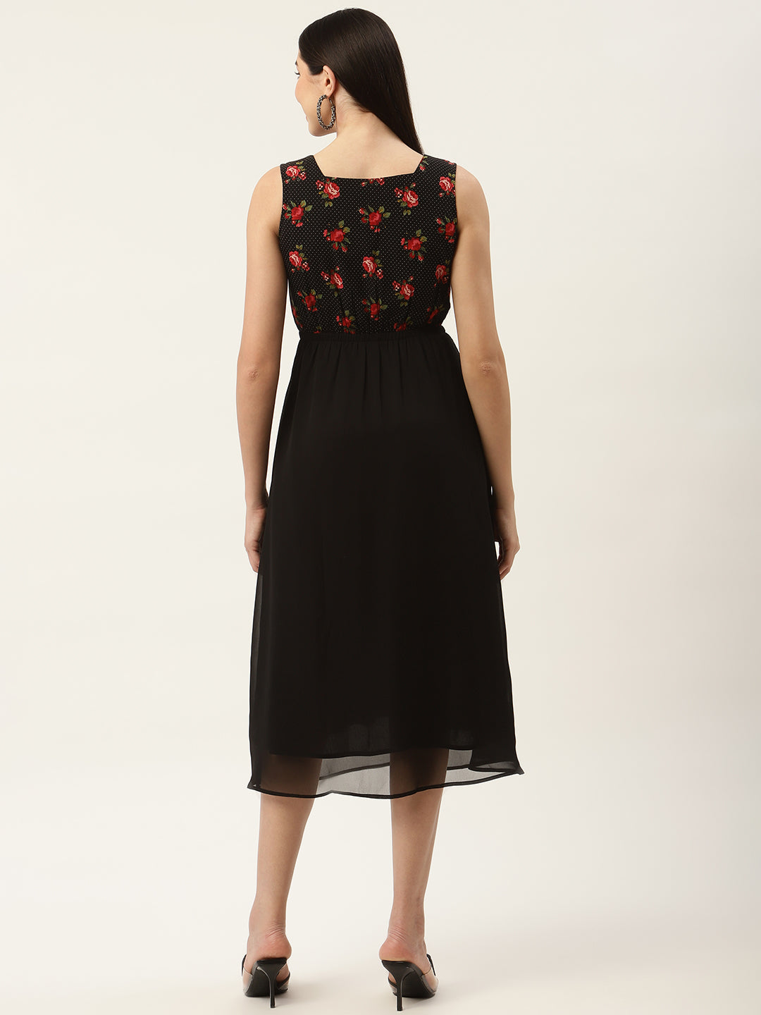 Black & Red Floral Georgette Midi Dress