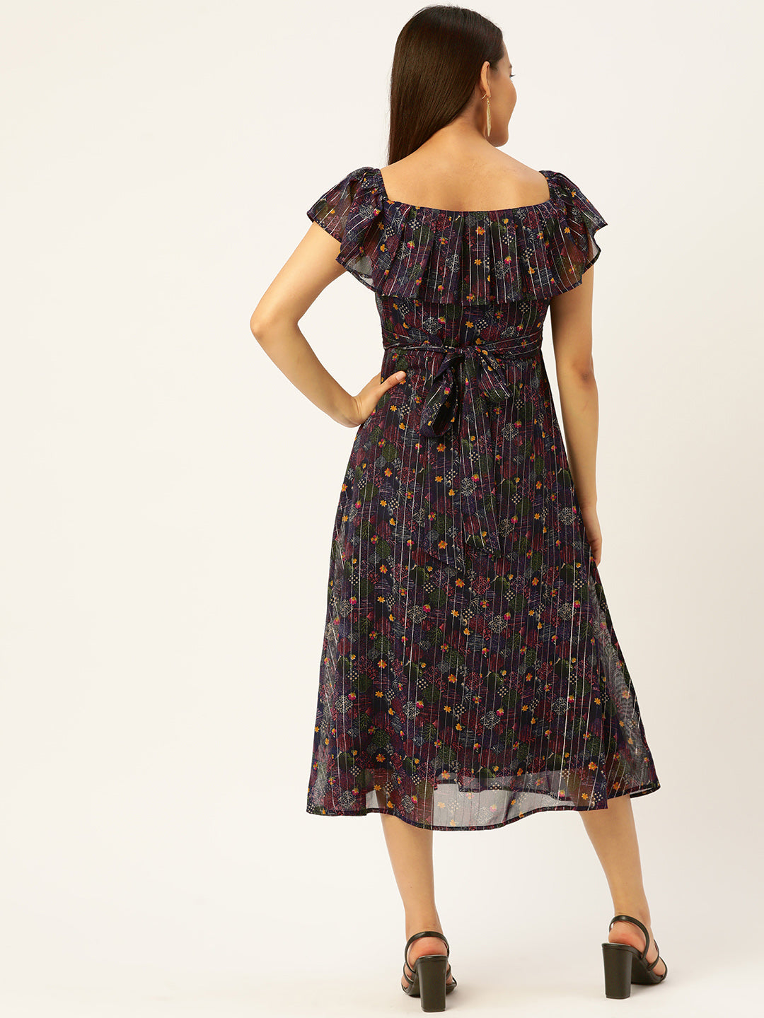 Floral Print Flared Sleeves Georgette Midi Dress