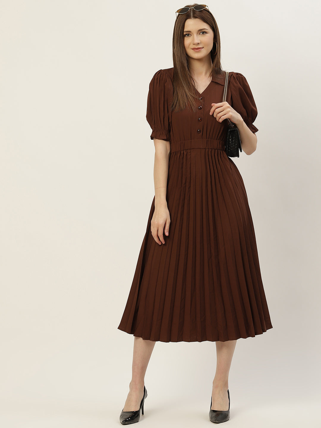 Women Brown Crepe Midi Dress