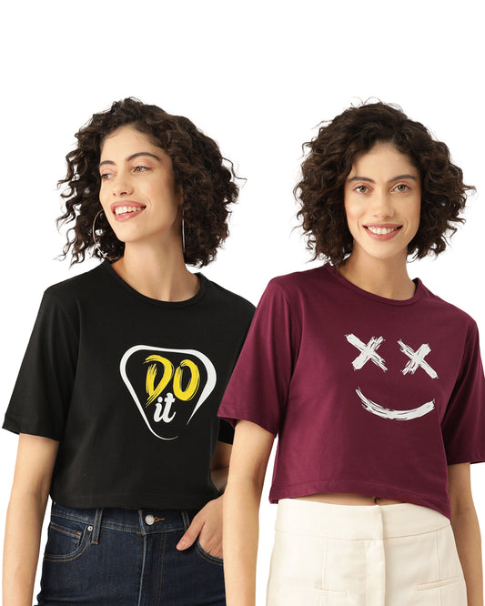 Women ' s Casual Black  & Maroon Graphic Printed Pure Cotton Crop T-shirt (Pack Of 2)