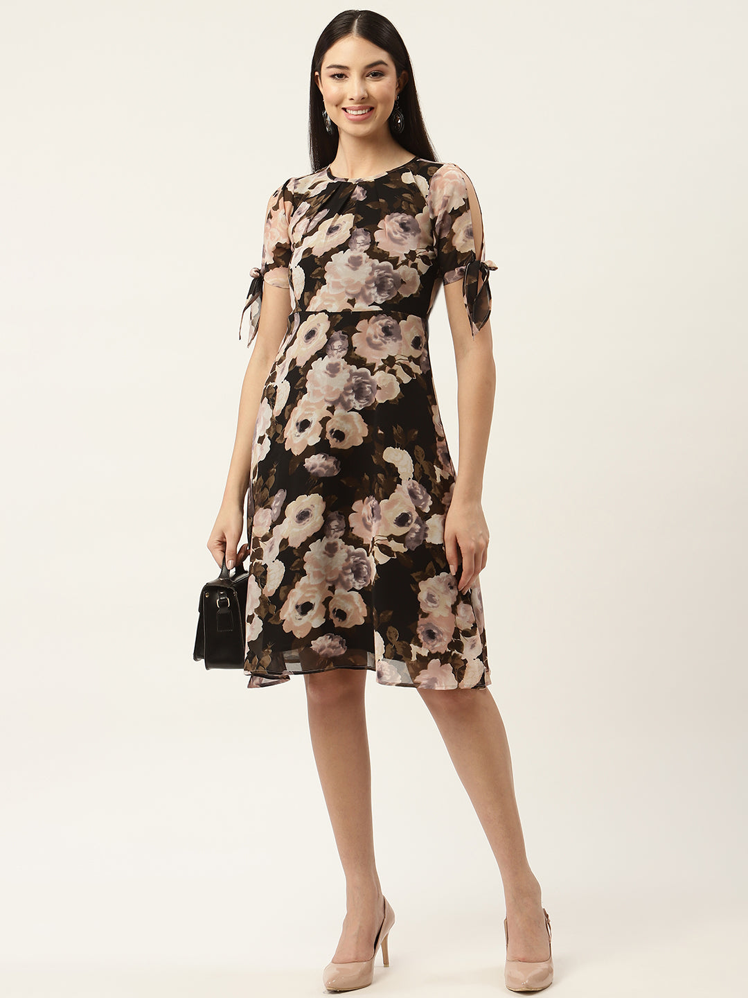 Black & Peach-Coloured Floral Georgette Dress