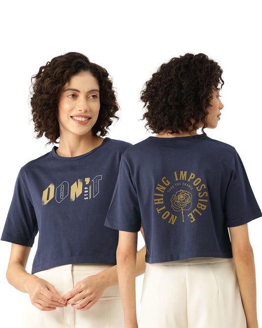 Slenor Women ' s Navy Blue Typography Front & Back Printed Crop T-shirt