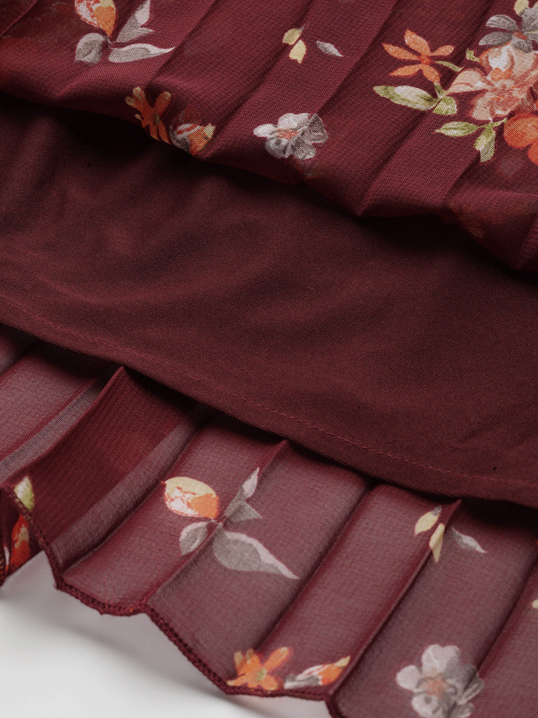 Maroon Floral Printed Accordion Pleated Midi Skirt