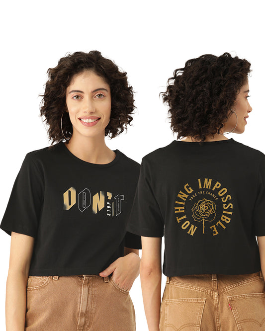 Slenor Women ' s Black Typography Front & Back Printed Crop T-shirt