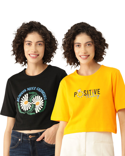 Women ' s Trendy Black  & Yellow Graphic Printed Pure Cotton Crop T-shirt (Pack Of 2)