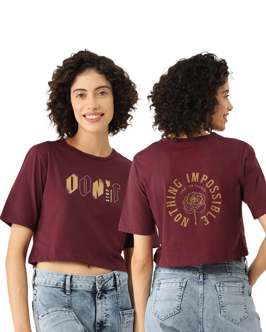 Slenor Women ' s Maroon Typography Front & Back Printed Crop T-shirt