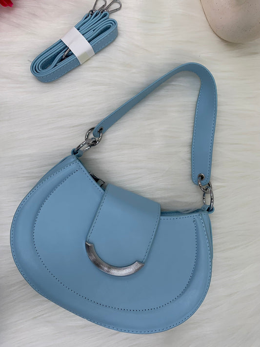 Sky Blue Solid Structured Handheld Bag with Detachable Sling Strap