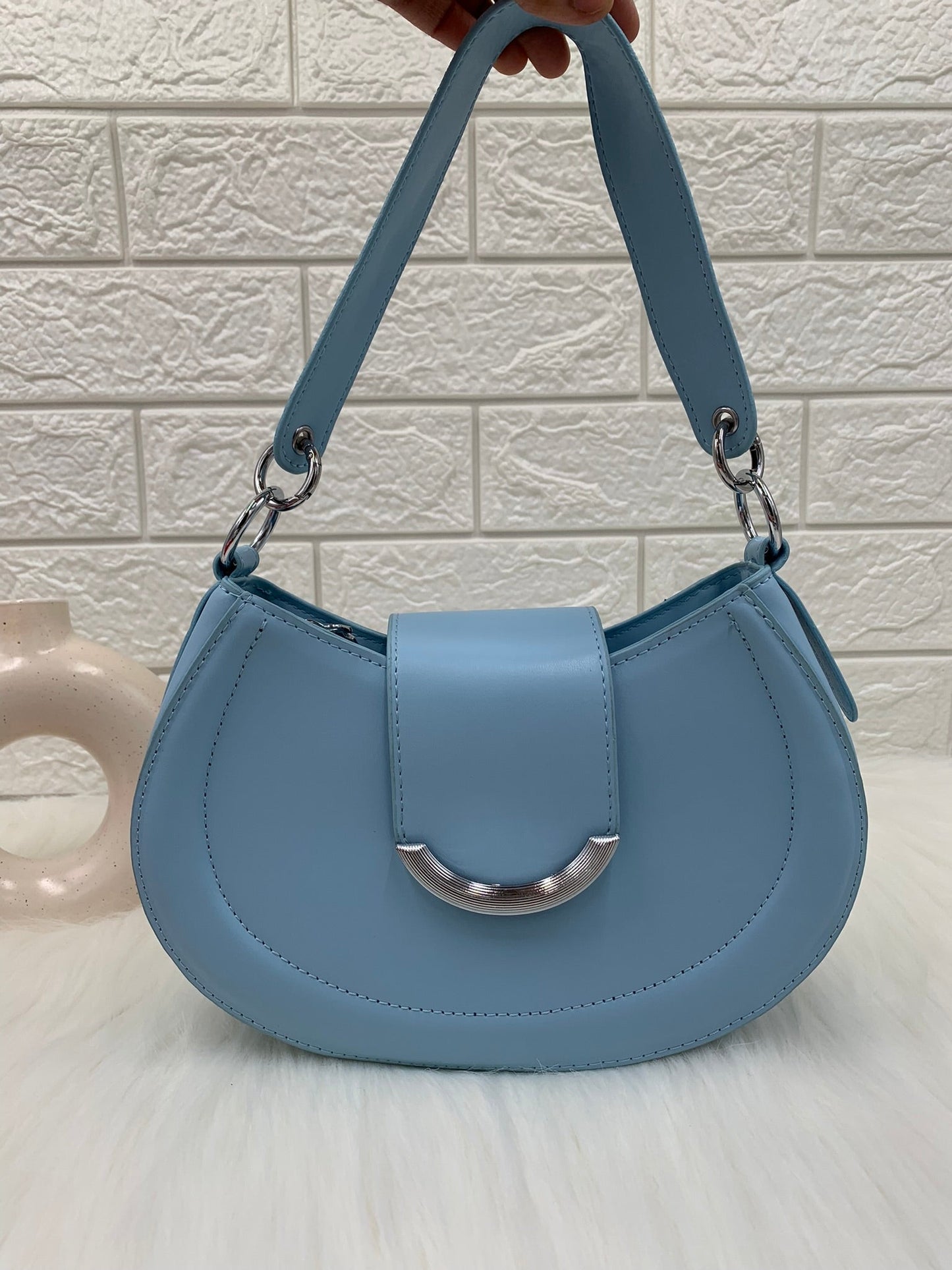 Sky Blue Solid Structured Handheld Bag with Detachable Sling Strap