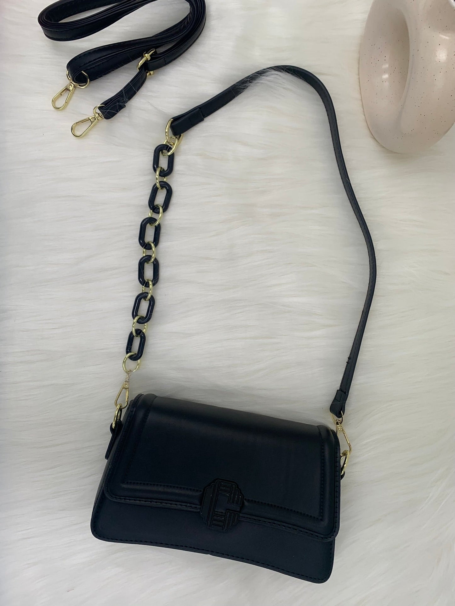 Black Solid Structured Handheld Bag with Detachable Sling Strap