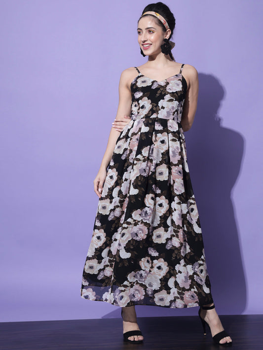 Black and White Floral Georgette Maxi Dress