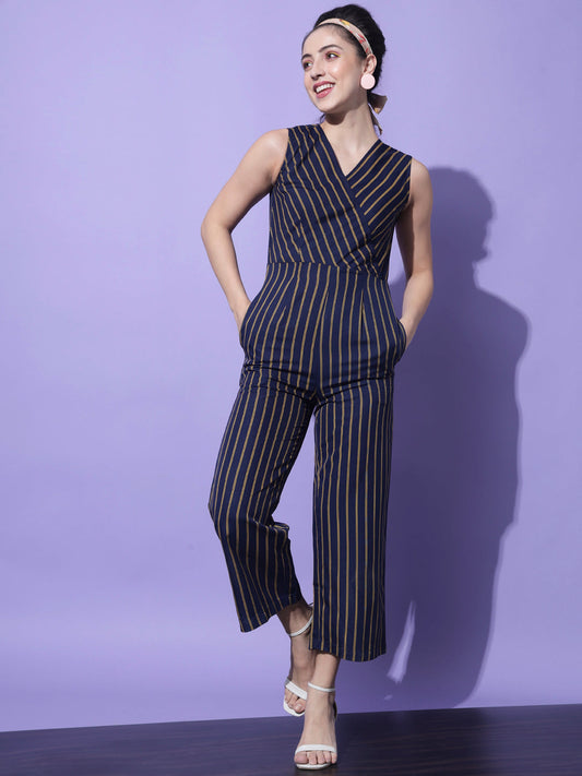 Navy Blue & Yellow Striped Basic Jumpsuit